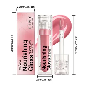 Detailed dimension callouts for pink nourishing lip glaze bottle and outer packaging box.