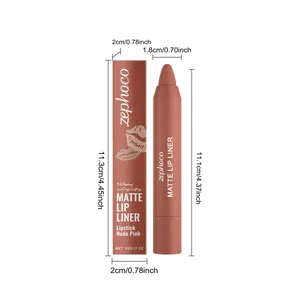 Matt-Lippenkonturenstift in Nude-Pink und Verpackung mit genauen Maßen in cm und Zoll.