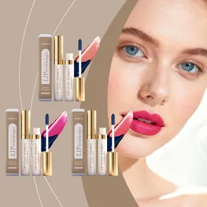 Zephoco matte peel-off lip stain series showing three shades and model makeup look