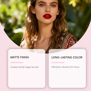 Detail des matten roten Lippenstifts am Modell mit langanhaltender Farbbeschreibung