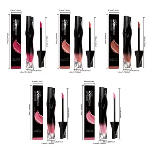 Detailweergave met nauwkeurige afmetingen en vijf tinten matte hydraterende lipgloss-sets