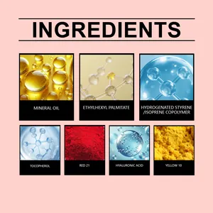 Detailed view of nourishing ingredients like hyaluronic acid for moisturizing lip gloss