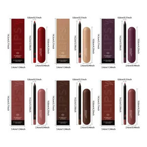 Gedetailleerde afmetingen van hydraterende lipgloss en lipliner set in zes kleuren.