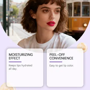 Rose red peel-off lip tint detail showing moisturizing and hydrating effects for all-day wear.
