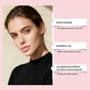 Detail der Inhaltsstoffe des matten rosa Lippenstifts für Farbe und Feuchtigkeit