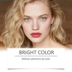 Close-up showing the bright pinkish-red lip gloss effect on a blonde female model