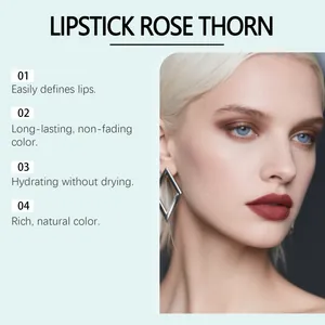 Close-up detail of rich red-brown matte lipstick applied on a professional model