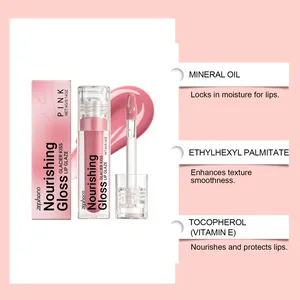 Vue détaillée des ingrédients du gloss nourrissant ZEPHOCO et texture rose brillante.