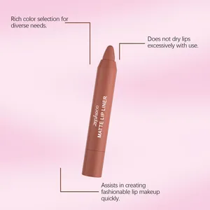 Nahaufnahme des nudefarbenen matten Lippenkonturenstifts mit Präzisionsspitze und Textur.