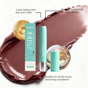 Close-up of Zephoco moisturizing lipstick pen in Rose Thorn shade with texture swatch