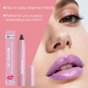 Close-up detail of zephoco pink purple lip crayon showing glittery velvet matte finish
