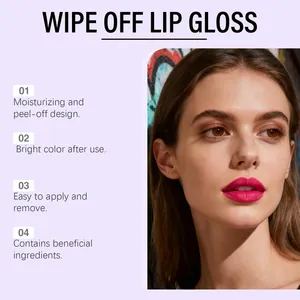 Model showcasing vibrant pink peel-off lip gloss with moisturizing glossy finish