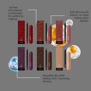 Gedetailleerde macro-weergave van zes hydraterende lipgloss- en lipliner-sets voor lippen