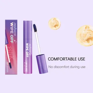 Vista dettagliata del lucidalabbra Zephoco peel-off con applicatore e gocce di texture