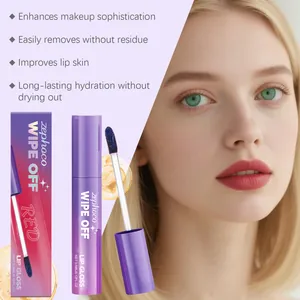 Detail view of Zephoco red wipe-off lip gloss with model result