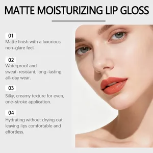 Close-up van model met matte hydraterende lipgloss en beschrijvingen van kenmerken.