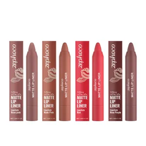 Set de cuatro delineadores de labios mate Zephoco en rosa, rojo y morado con cajas.