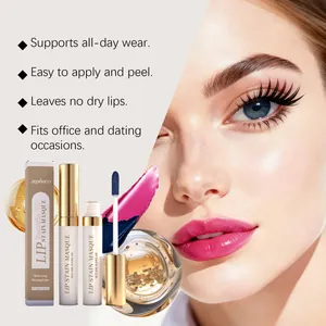 Detailed view of matte peel-off lip stain with applicator and model's lip effect