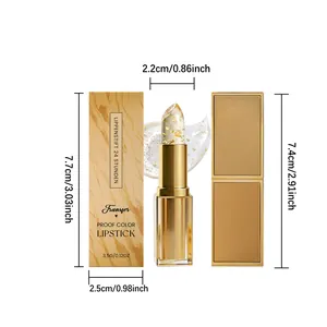 Lápiz labial hidratante con pan de oro y dimensiones detalladas dadas en cm y pulgadas