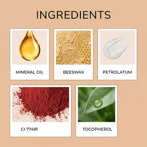 Lista detallada de ingredientes para brillo de labios mate con aceite mineral y cera de abeja.
