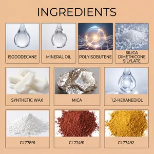 Detailed ingredients list for lip glaze showing mineral oil, mica, and CI colorants.