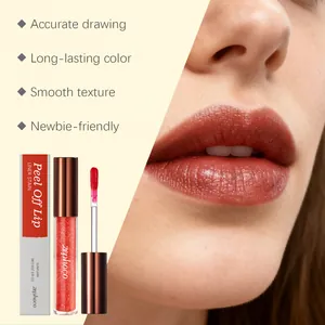 Close-up of zephoco peel-off lip stain on model with glittery reddish-brown finish