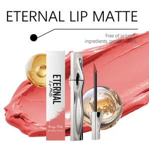 Close-up of long-wear matte lip gloss in orange-pink with texture smear and ingredients