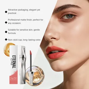Close-up of professional matte orange-pink lip gloss application with elegant packaging