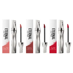 Long-lasting matte lip gloss set in orange-pink, nude brown, and bright red shades.