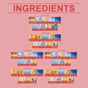 Lista detallada de ingredientes naturales para el set de maquillaje hidratante para labios.