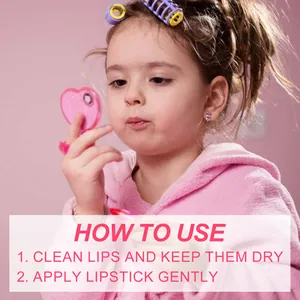 Instructional view showing how to apply safe and washable pink children's toy lipstick
