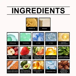 Vista dettagliata degli ingredienti naturali del balsamo labbra idratante con estratti