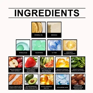 Dettaglio ingredienti del balsamo labbra con estratti di frutta e oli naturali