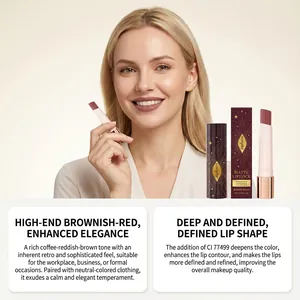 Detail view of matte brownish-red lipstick with model and elegant packaging display.