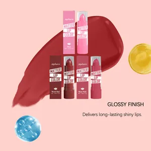Detail view of Zephoco glossy lipstick series in pink, brick red, and rose pink