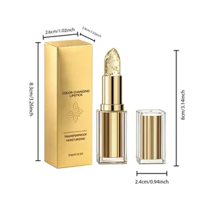 Detaillierte Maße des Goldfolien-Lippenstifts in luxuriöser goldener Verpackung