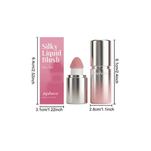 Detailed view and dimensions of zephoco rose red silky liquid blush packaging bottle