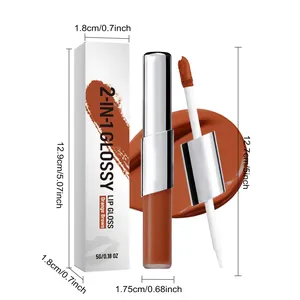 Detailed view of 2-in-1 glossy lip gloss in orange brown showing precise product dimensions
