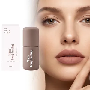 High-quality close-up of pink matte long-lasting lip liner and packaging with model effect
