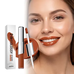Two-in-One Glossy Lip Gloss Long Lasting Moisturizing Orange Brown Mirror Finish Lip Glaze With Lip Liner Brush Women Makeup