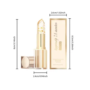 Detailed dimensional view of moisturizing gold foil lipstick with transparent paste