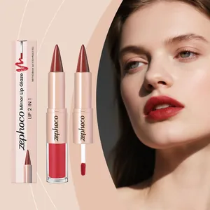 Detail van Zephoco 2-in-1 spiegel lipglazuur met tweekleurige en glanzende afwerking.