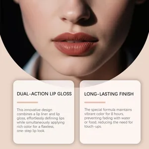 Close-up detail of brick red 2-in-1 mirror lip glaze showing glossy finish on lips.