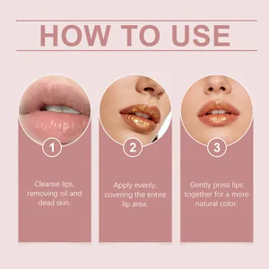 Detail view showing three steps to apply gold leaf moisturizing lipstick for glossy lips.