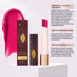 Detailed view of Rose Red matte lipstick ingredients and smooth texture swatch