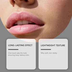 Nahaufnahme von rosa Lipgloss mit Details zu langanhaltender und leichter Textur