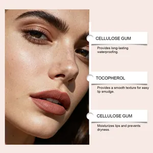 Detail of brick red lip glaze with ingredient benefits for long-lasting wear.