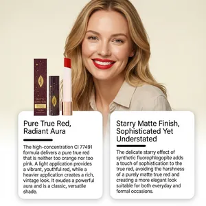 Zephoco matter Lippenstift in reinem Rot, gezeigt mit Model und Verkaufsverpackung