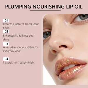 Detail view of plumping lip oil with gold flakes for a natural shiny finish