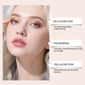 Detalle de ingredientes del brillo labial para hidratación y color de larga duración.